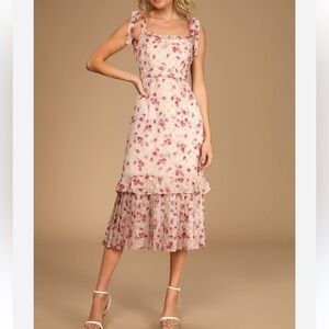 NWT Lulus Terrace Views Taupe Floral Print Tiered Midi Dress Sz S *Q21